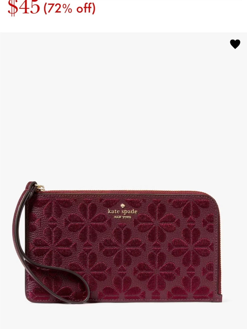 NWOT-Kate Spade-Lucy-Med L-Zip Wristlet-Spade Flower Embroidery-Dark Merlot-$159 - Picture 5 of 7